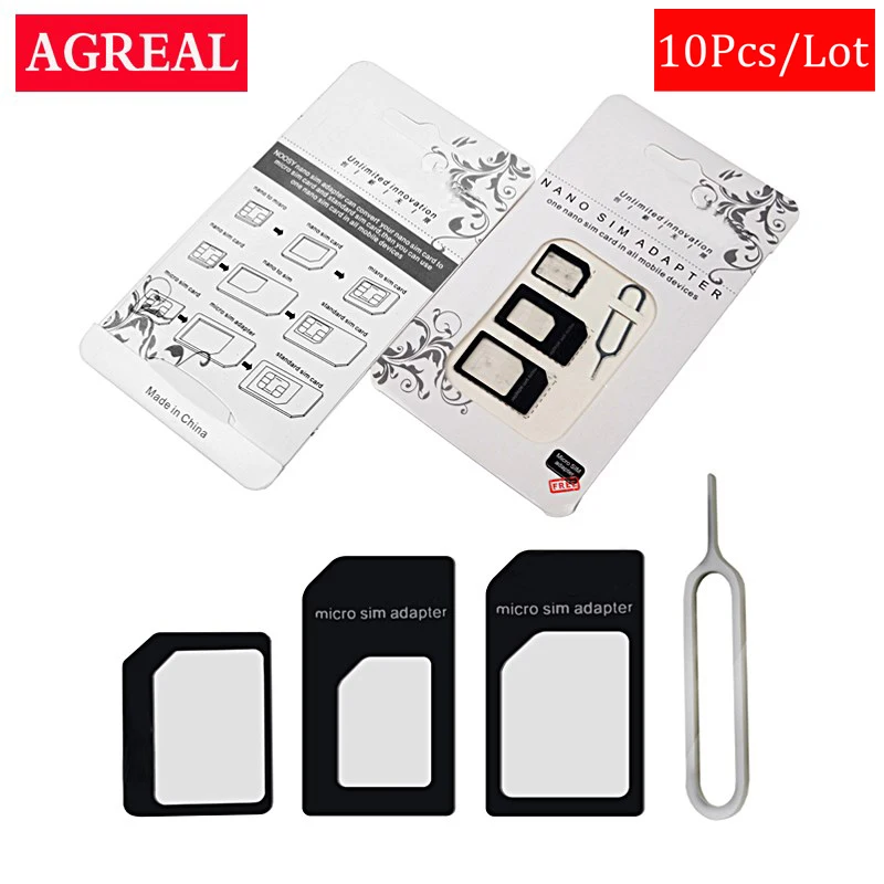 

10Pcs/lot SIM Card Adapter 4 in 1 Nano Micro SIM Adapters Standard SIM Card Adapters Eject Pin For iphone 4 4S 5 6 6S All Phones