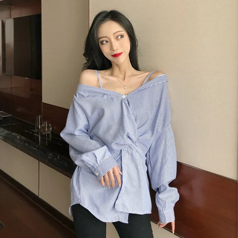 Hzirip Новинка лета 2019 стильные женские рубашки в полоску с v-образным вырезом