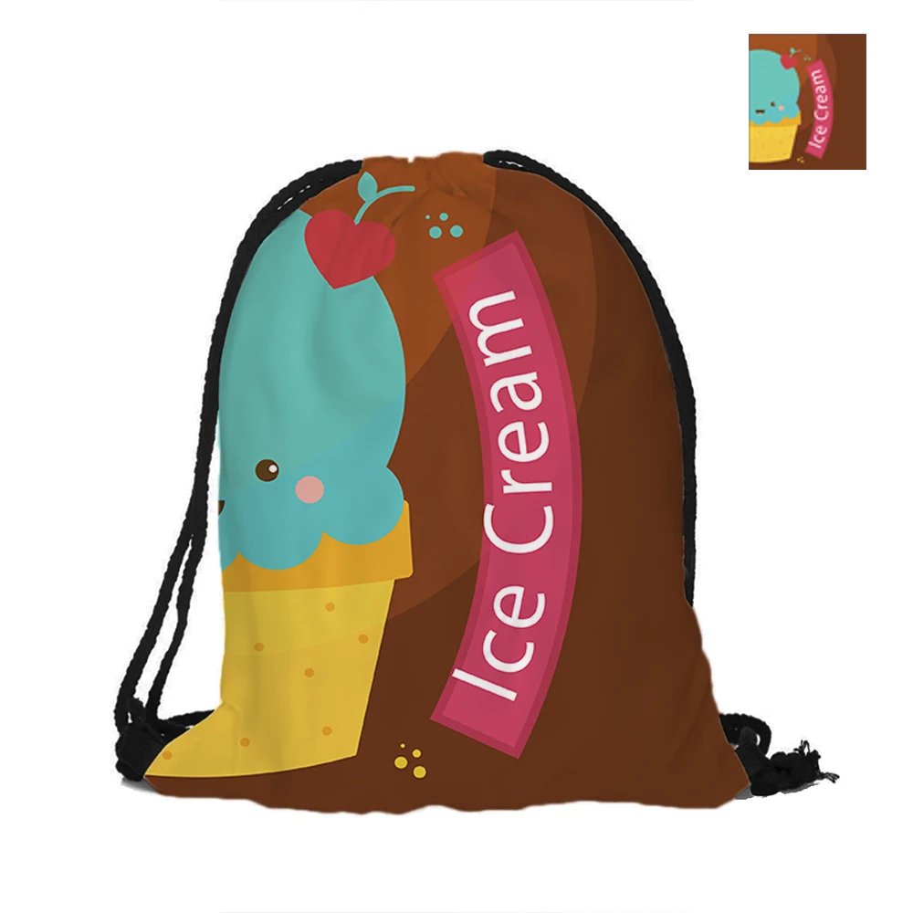 Ice Cream Printed Drawstring Backpack Double Sided Printing Polyester Pouch Backpacks For Travel And School Welcome Summer | Багаж и сумки