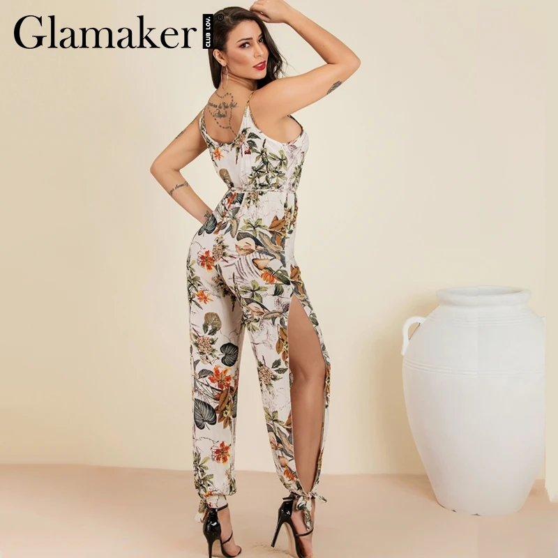 Женский комбинезон с цветочным принтом Glamaker длинный без рукавов треугольным