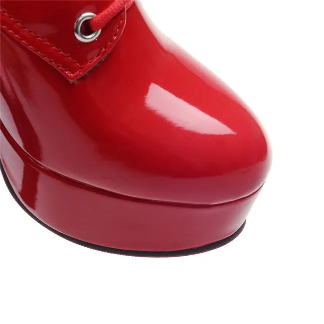 YMECHIC Pu Patent Leather Buckle Strap Lace Up High Heel Motorcycle Boots Women Winter Platform Ladies Goth Shoes Plus Size