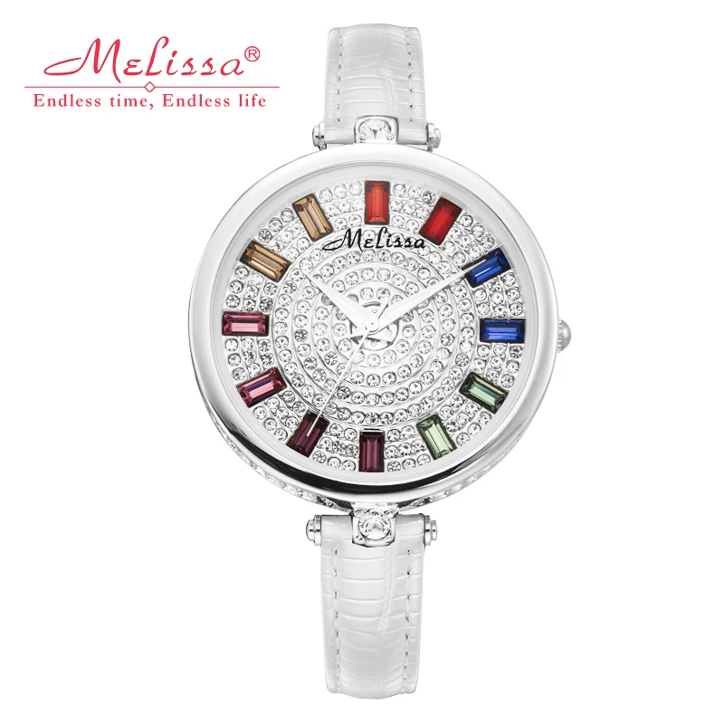 

Luxury Melissa Lady Women's Watch Bowknot Rhinestone Crystal Clock Fashion Hours Leather Bracelet Bling Shell Girl's Gift Box