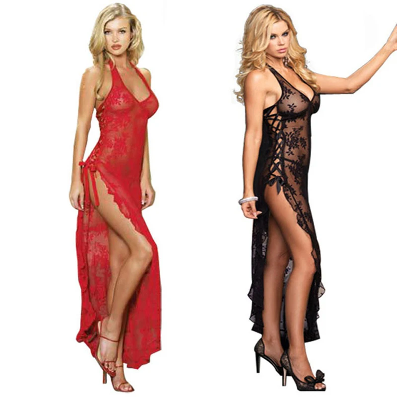 

See Through Lace Satin Dressing Gown Set Sleepwear Long Lingerie Dress Black Lace V Neck night dressing Gown Sexy Long nightgown