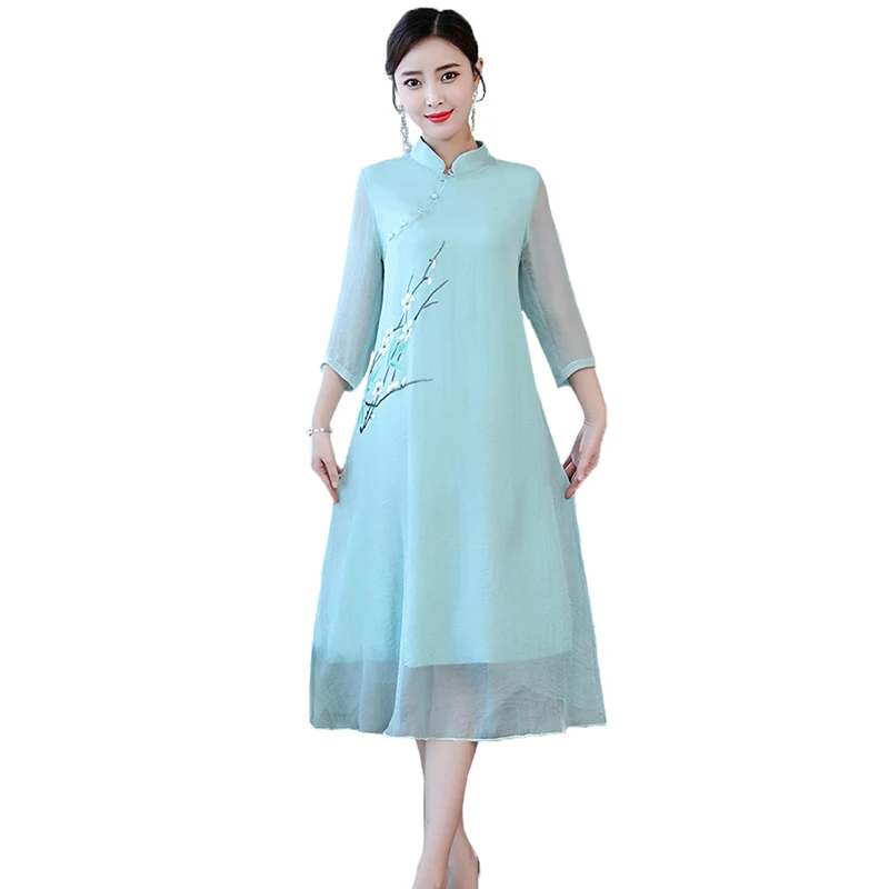 2019 Women Printed Chiffon Summer Fashion Dress Fit and Flare Elegant Natural Factors V-Neck Three Quarter Sleeve Female Dresses | Женская