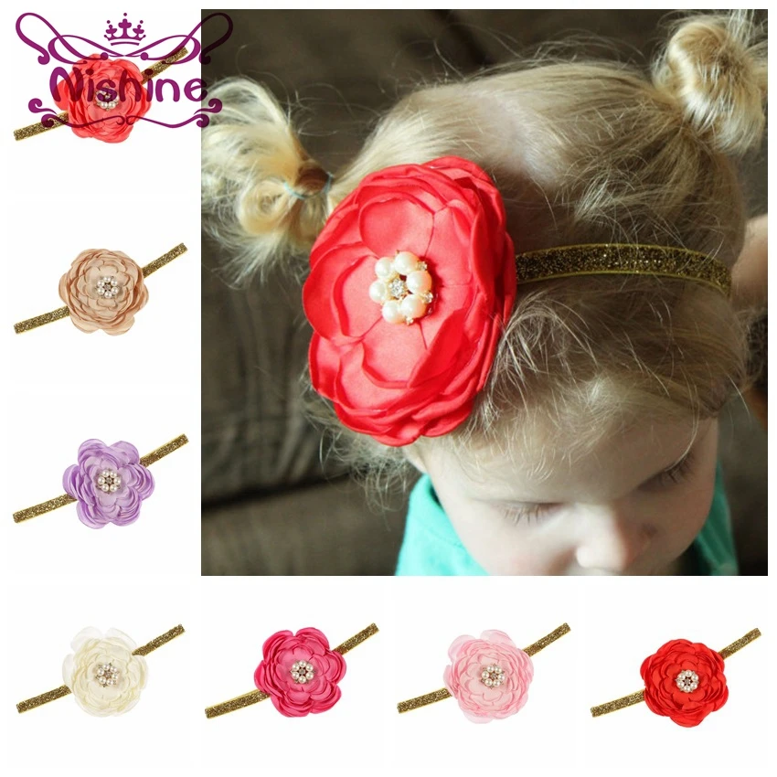 

Nishine 20 Colors Girls Fabric Burned Edges Flowers Headband Elastic Pearl Rhinestone Hair Bands Birthday Gift Photo Props