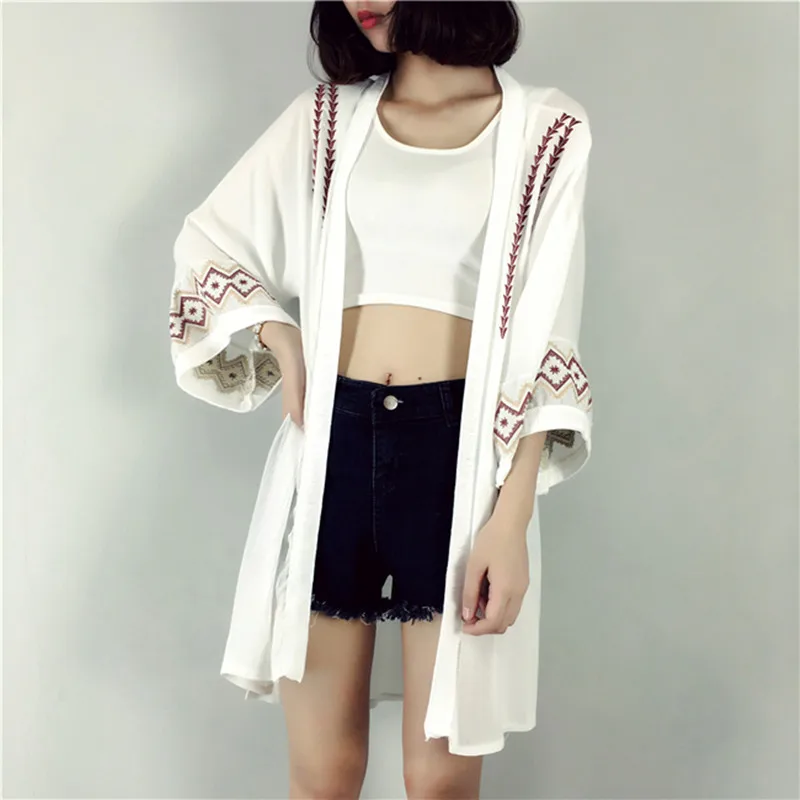 Ethnic embroidery summer cardigan women 2018 korean fashion sunproof ladies thin cotton linen Kimono boho long cardigans |