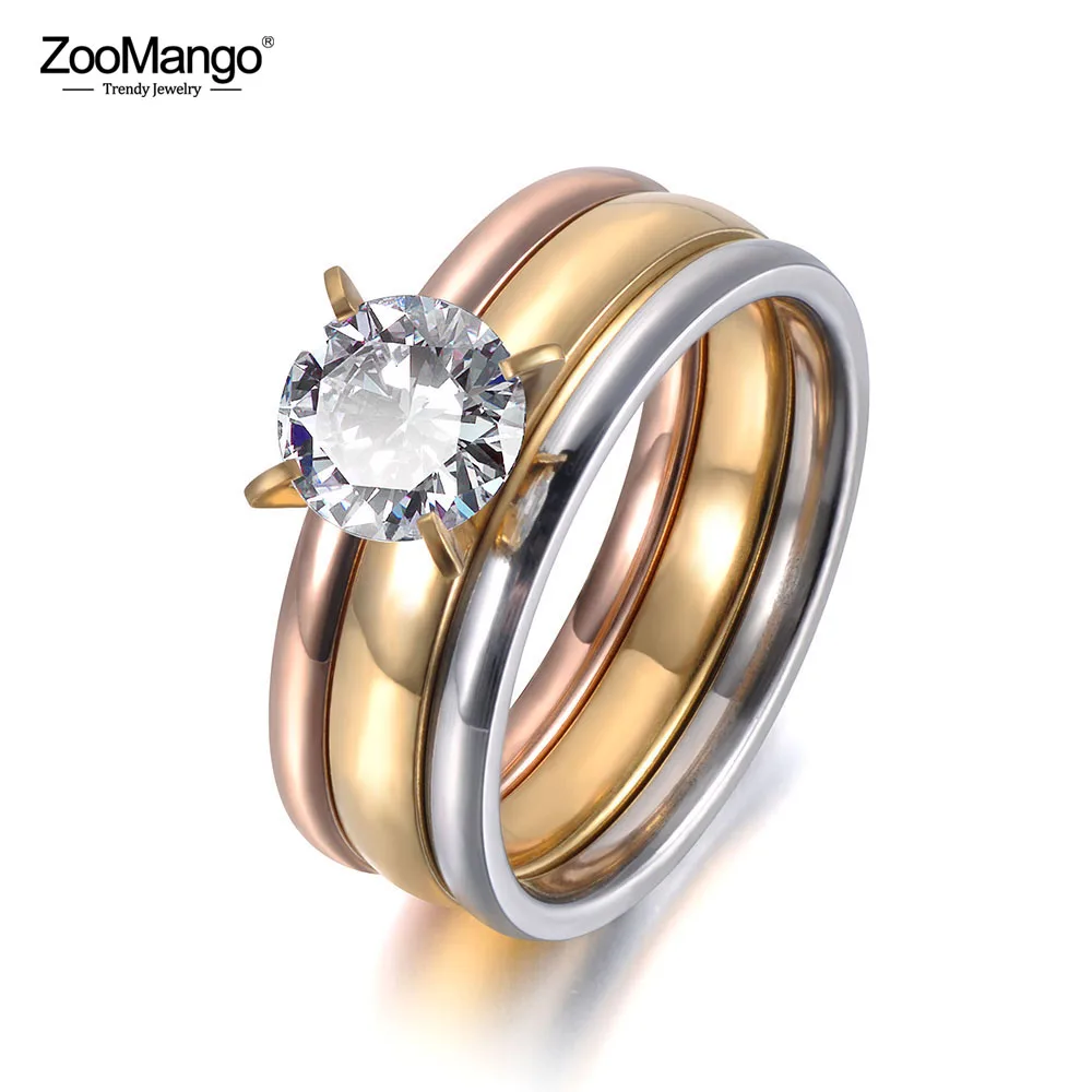 ZooMango 3 золотого цвета зубец Установка один CZ кристалл кольца из нержавеющей стали обручальное кольцо ювелирные изделия для женщин подарок Anillo ZR19039