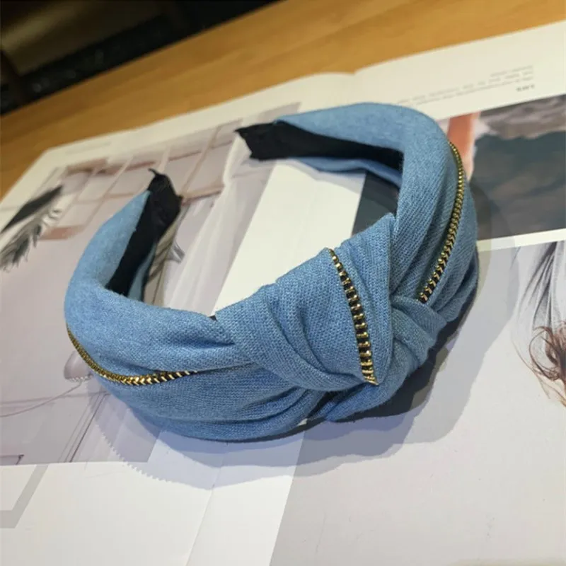 Женская джинсовая повязка на голову модная эксклюзивная с бантом молнии узлом