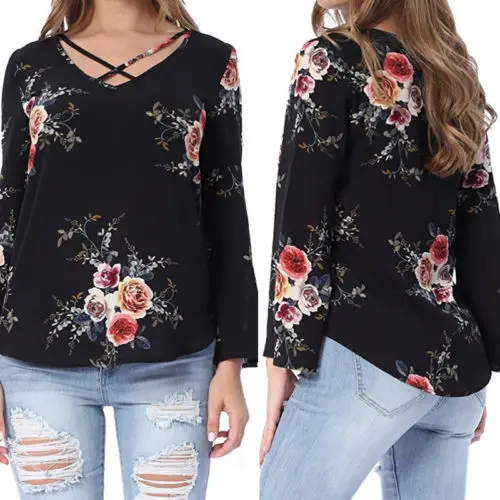 Женская хлопковая рубашка с V образным вырезом и длинным рукавом|Блузки| |