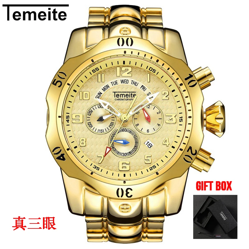Temeite 2 with box Мужские часы Temeite Топ бренд класса люкс дизайн золотые кварцевые часы мужские спортивные водонепроницаемые мужские наручные часы Relogio Dourado Masculino - Цвет: Temeite 2 with box