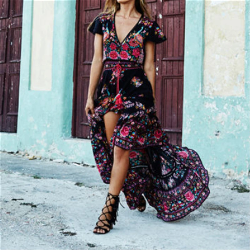 Женское модное летнее шифоновое платье Boho винтажное до щиколотки с глубоким