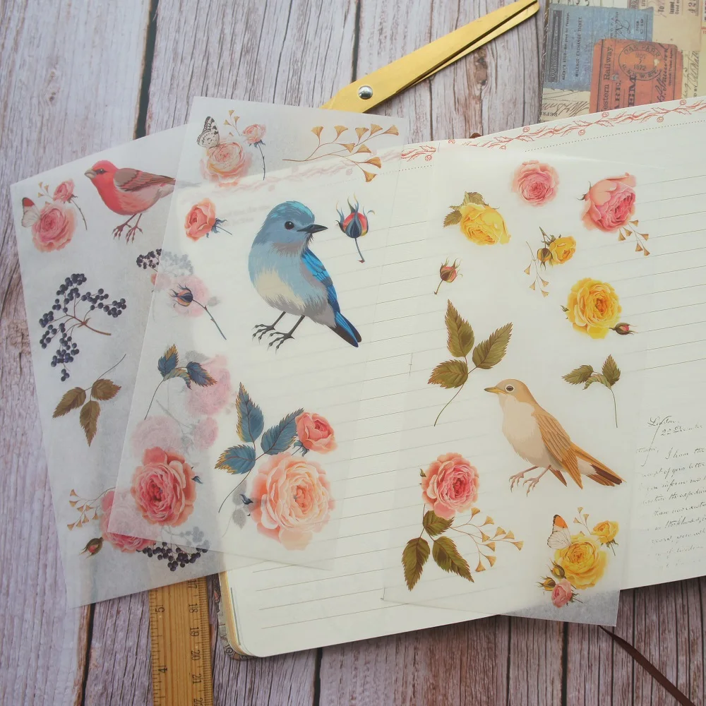 DIY 3 SheetsRose садовая птица пение Васи бумажная наклейка в качестве украшения для