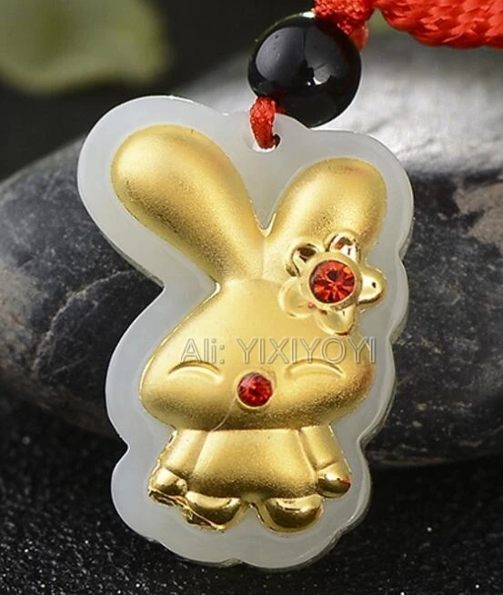 

Красивый натуральный белый нефрит + 18 карат твердого золота милый кролик стильный счастливый кулон + бесплатное ожерелье изящные ювелирные ...
