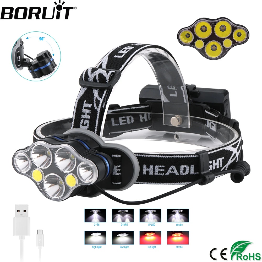 

BORUiT T6 XPE COB светодиодный налобный фонарь 3000LM 8 режимов Мощный налобный фонарь Перезаряжаемый 18650 Водонепроницаемый налобный фонарь для кемпи...