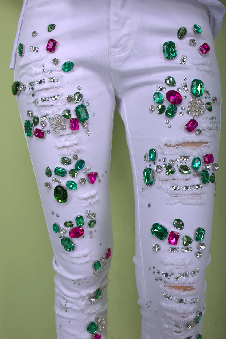 

High Quality White Cotton Women Rhinestones Diamond Beaded Denim Jeans Slim Stretch Pencil Girl Jeans Ripped Denim Pants A318