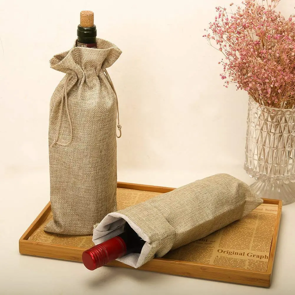 Pack of 10 Linen Wine Bottle Covers with Drawstring 13.8 inch x 5.9 inch jute wine bag Holder Carrier for gifting and decorating