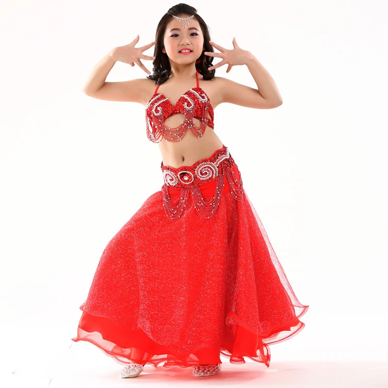 2018 Stage Performance New Arrivals Children Dance Wear Beaded Outfits Belly Costume Bra Belt Mesh Skirt #814 | Тематическая одежда