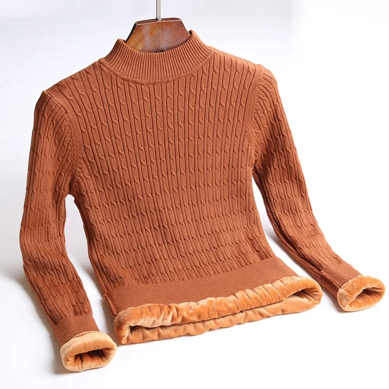 brown GIGOGOU S-2XL плюс вельветовый теплый зимний женский свитер толстый вязаный мягкий джемпер Топ Модный женский пуловер, свитер - Цвет: brown