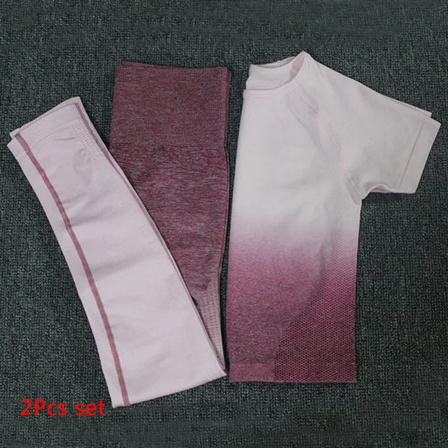 Rose Red set Женский комплект для йоги, одежда для спортзала, топ с коротким рукавом+ Бесшовные Леггинсы с эффектом омбре, спортивный костюм для тренировок, спортивная одежда для фитнеса, одежда для активного отдыха - Цвет: Rose Red set