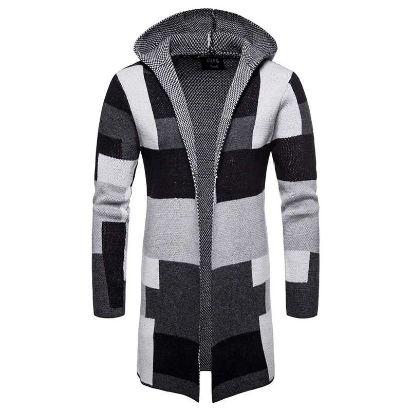 Male Autumn Winter Hooded Coat Knitted Jacket Middle-long Sweater Mens Patchwork Cardigans yw239 |