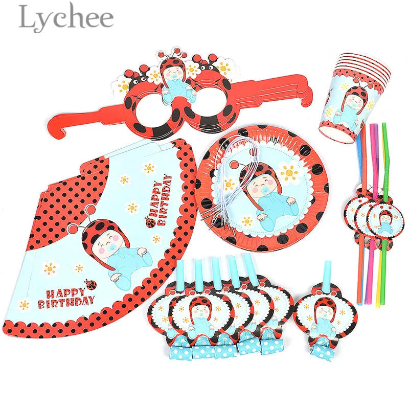 Lychee 36 шт. набор посуды с рисунком божьей коровки для вечеринки синяя и розовая