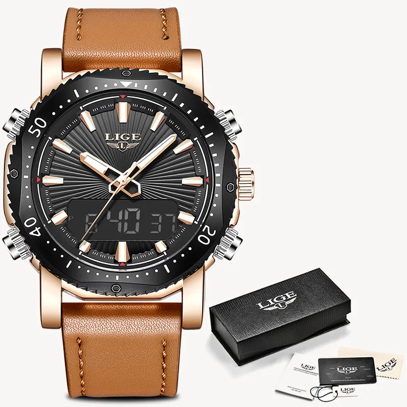 Rose gold black LIGE Лидирующий бренд мужские военные спортивные часы кожаный светодиодный цифровой кварцевые наручные часы водонепроницаемые Модные Часы Relogio Masculino - Цвет: Rose gold black