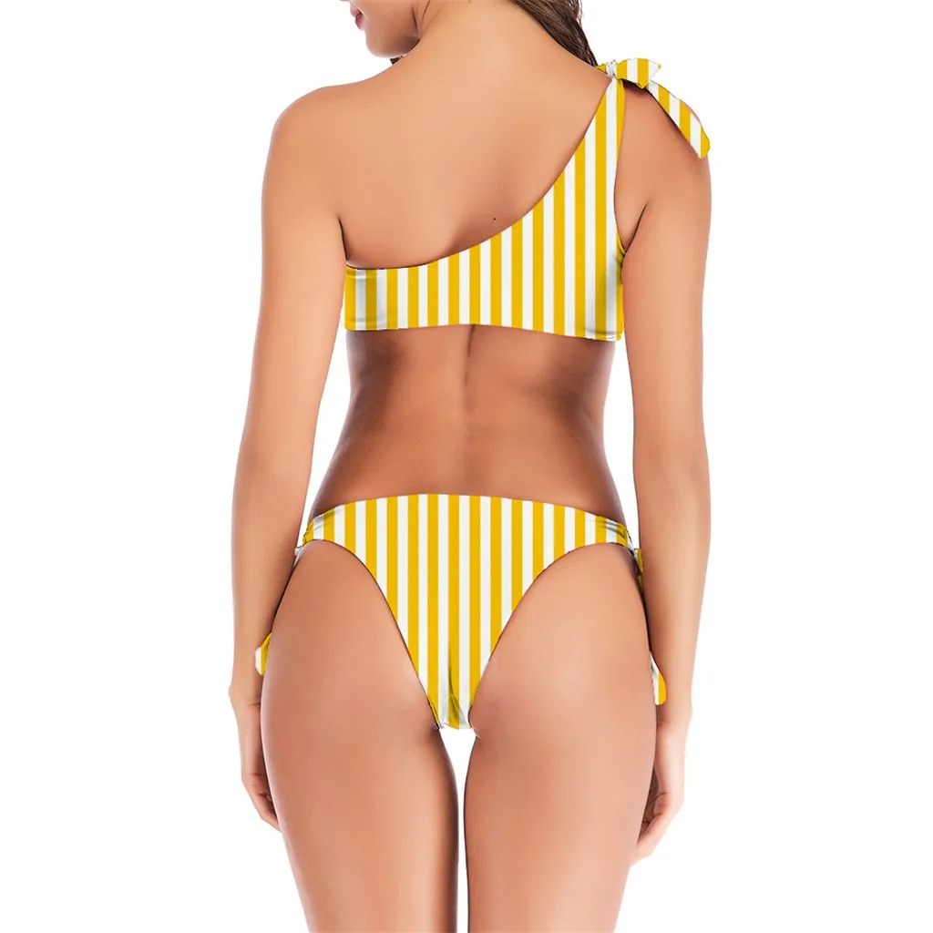 Набор Бикини Сексуальный Бандаж на одно плечо купальник женский полосатый принт