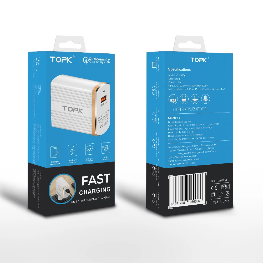 TOPK 18 Вт Quick Charge 3 0 1-Порты и разъёмы USB Зарядное устройство мобильного телефона для