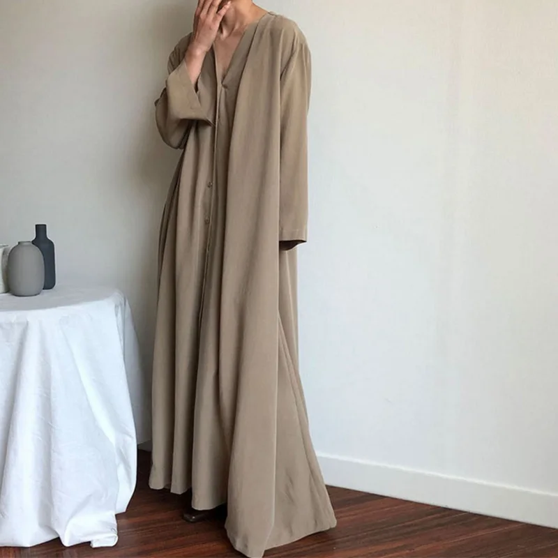 Женское длинное платье-рубашка с v-образным вырезом однотонное винтажное платье