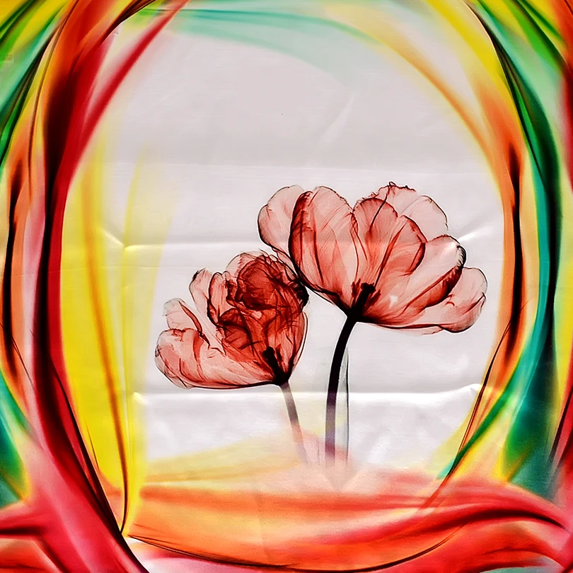 Женский шарф из чистого шелка [BYSIFA] красный и зеленый с радужным цветочным узором