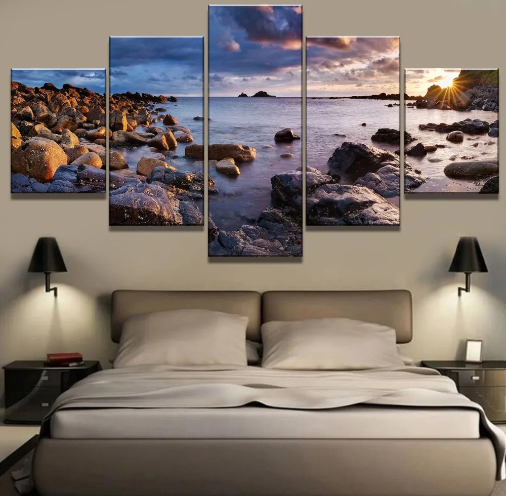 Framework 5 Panel HD Print Coast Stone Cuadros Landscape Canvas Wall Art Home Decor For Living Room Unique Gift Picture | Дом и сад