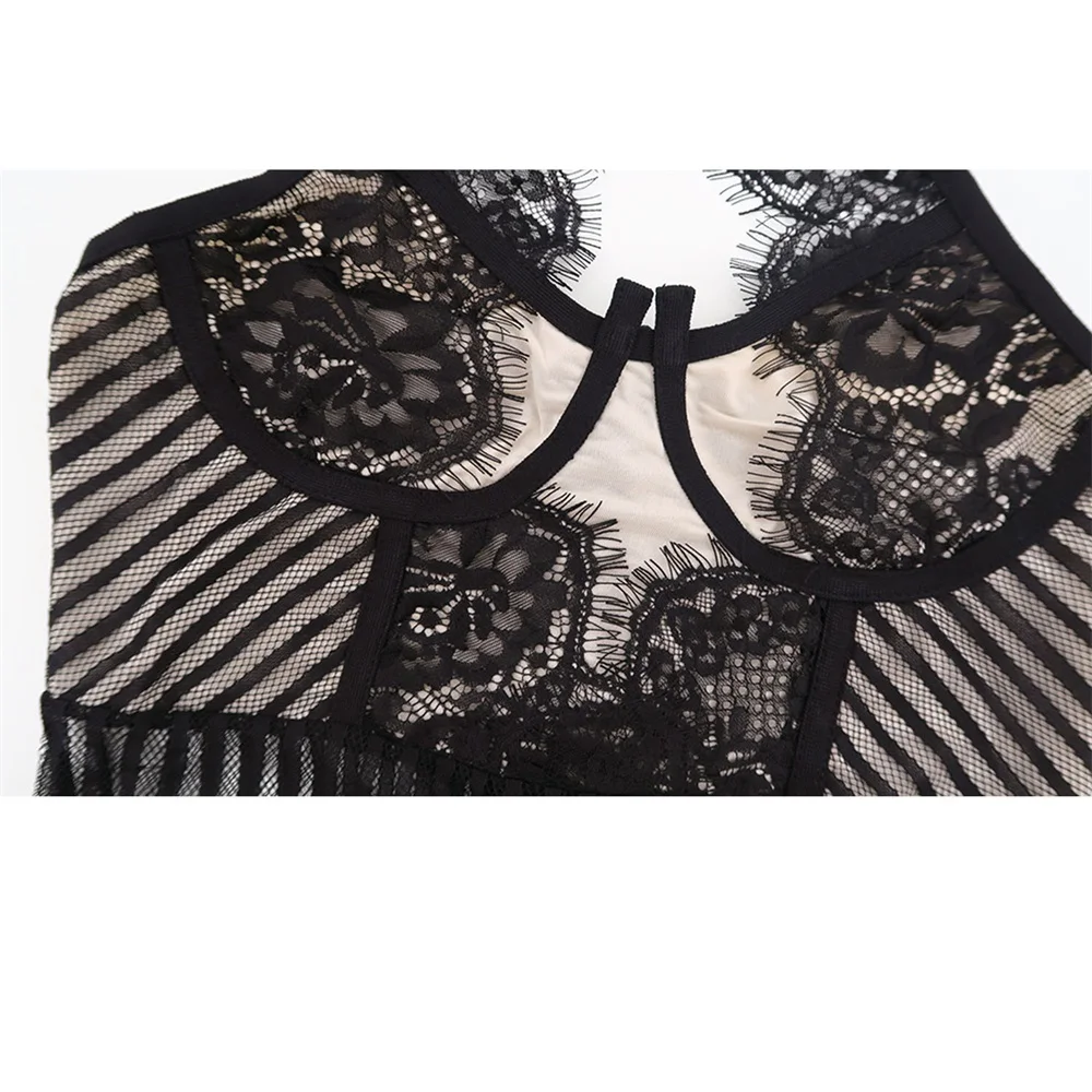 

Sexy Black Lace Hollow Out 2 Piece Set Halter Bandage Dress Soft Knitted Mesh Night Club Wear Evening Parties Dresses For Women
