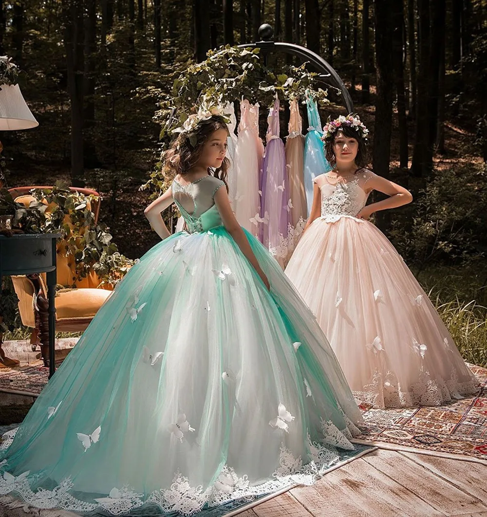 Милое мятно-зеленое Цветочное платье для девочек бальное с коротким рукавом