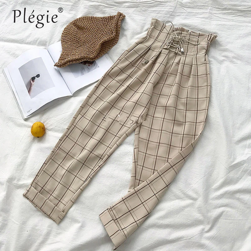 Женские клетчатые брюки Plegie со шнуровкой и поясом на завязках новинка 2019