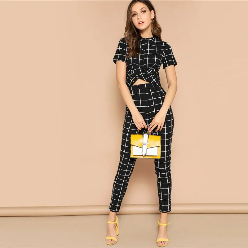 SHEIN Топ В Клетку И Приталенные Брюки Комплект Женский Летний Элегантный Топ С Короткими Рукавами И Брюки Комплект