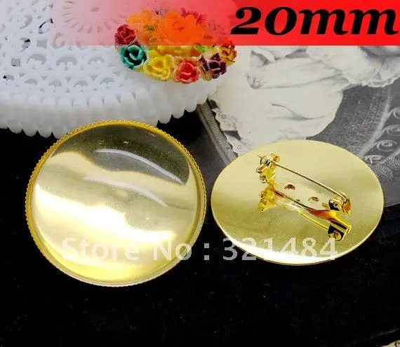 Free ship!20mm 200PCS Gold Plated Round Cameo Cabochon Setting Brooches brooch base blanks trays bezel