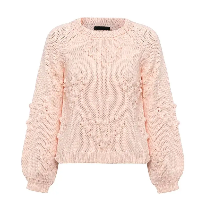 Turmeric elegant Pompon knitted sweater 2019 winter new women lantern sleeve pink pullovers female ladies o neck jumpers mujer | Женская