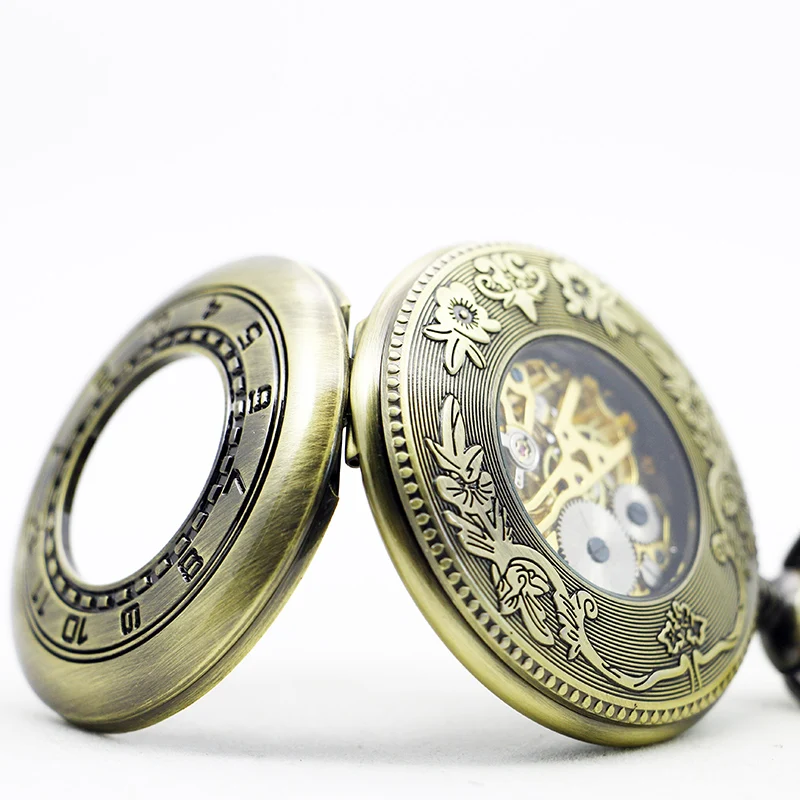 Antique Digital Display Hollow Embossed Mechanical Pocket Watch Vintage Gentleman Style Accessories Pendant Necklace Clock