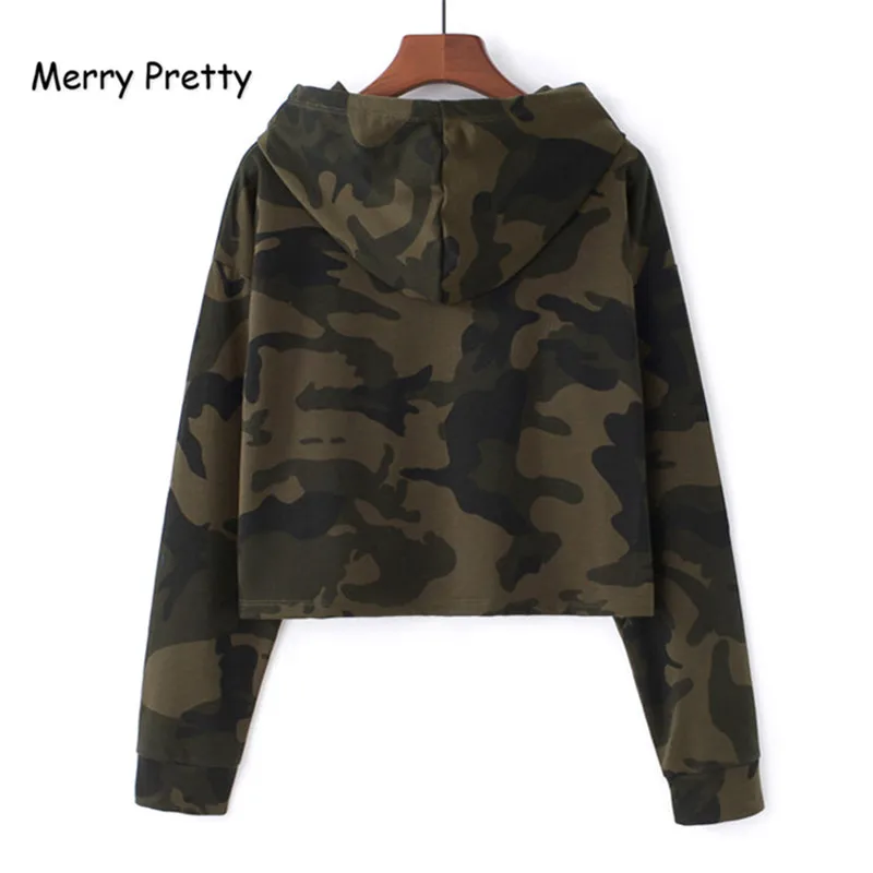 Merry Pretty армейский зеленый Камуфляжный принт Толстовка Рок камуфляж с длинным рукавом Короткие пуловеры женские осенние толстовки кроп толстовки