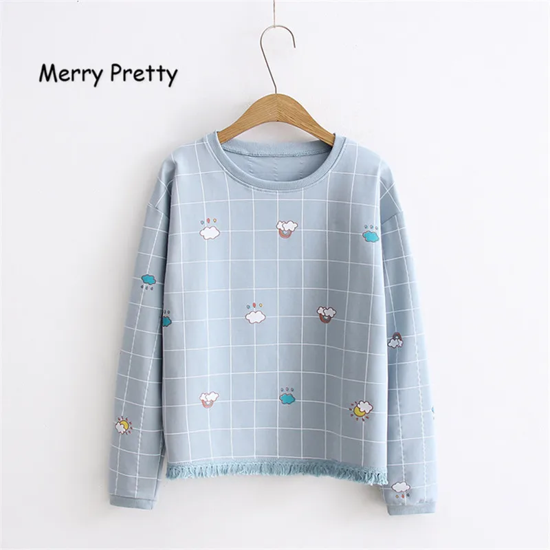 Merry Pretty Новая женская Милая футболка из 90% хлопка с длинным рукавом, женская футболка с кисточками и круглым вырезом, короткая клетчатая футболка, забавная футболка, camiseta mujer - Цвет: Синий