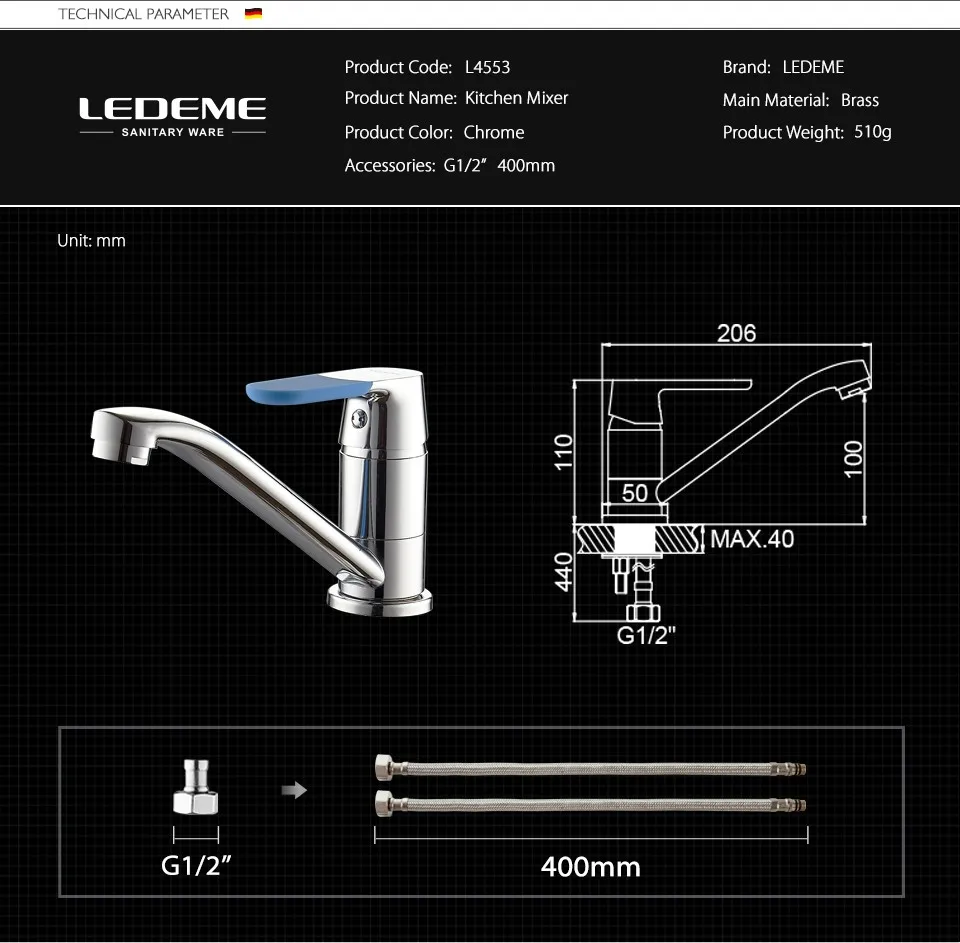 LEDEME Смеситель для кухни средний нос латунь Цвет: хром 7 цв. ручек L4553