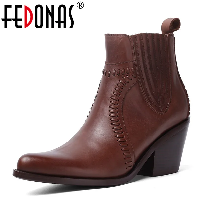 FEDONAS Women High Heels Ankle Boots Autumn Winter Genuine Leather Motorcycle Chelsea Boots Fashion Party Dancing Shoes Woman