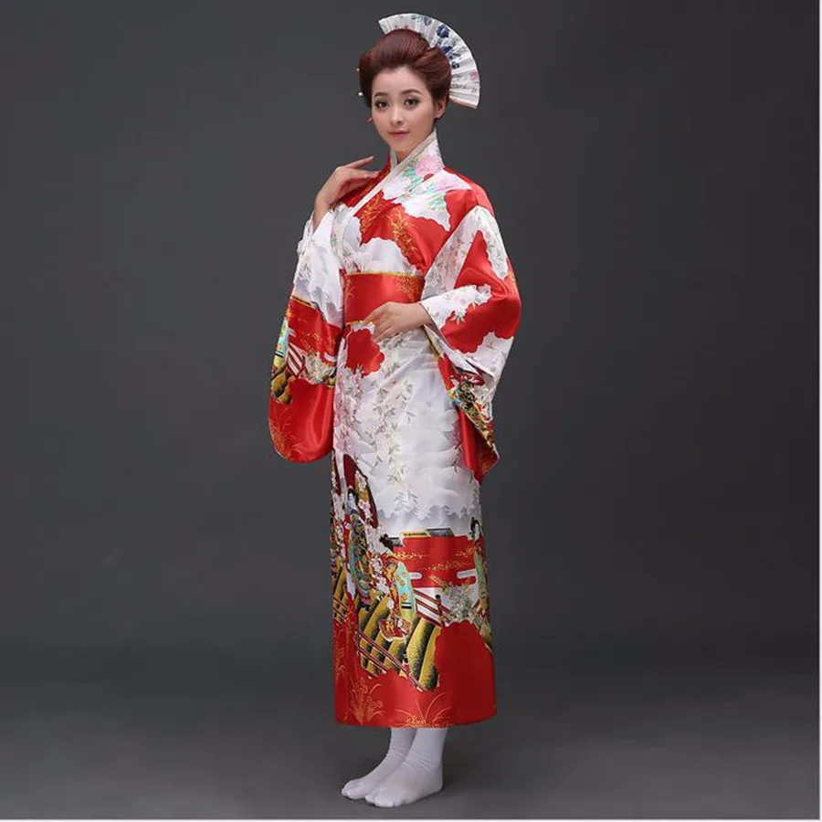 

Hot sell Red Japanese National Women Kimono Yukata With Obi Traditional Evening Dress Novelty Halloween Costume One size