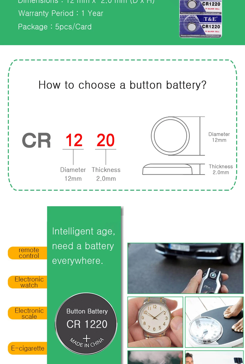5PCS CR1220 3V Lithium Button Battery BR1220 LM1220 DL1220 CR 1220 L04 Coin Cell Batteries For Watch Remote Toys; 30mAh Battery