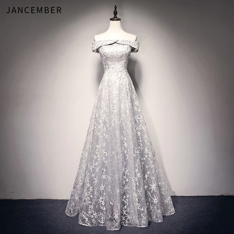 JANCEMBER Grey Star Lace Evening Dress Long Off The Shoulder Floor Length Up Back Elegant Formal robe de soiree | Свадьбы и