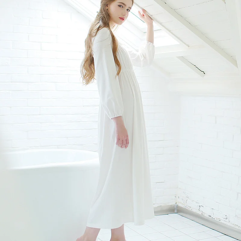 

White Vintage Maxi Night Dress Princess Women Lingerie Dress 3/4 Sleeve Square Collar Loose Sweet Nightwear Summer 800-406