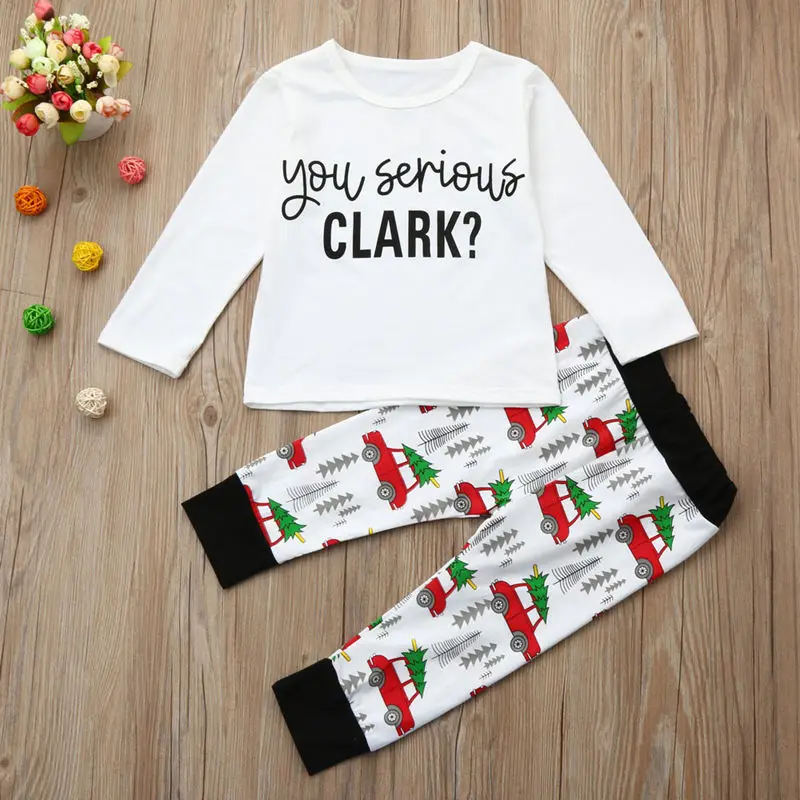 Brand Casual Children's Clothes Set Cute Spring Autumn Cotton Baby Boy Girls Clothing T-shirt Tops+Xmas Car Pant Outfits | Детская
