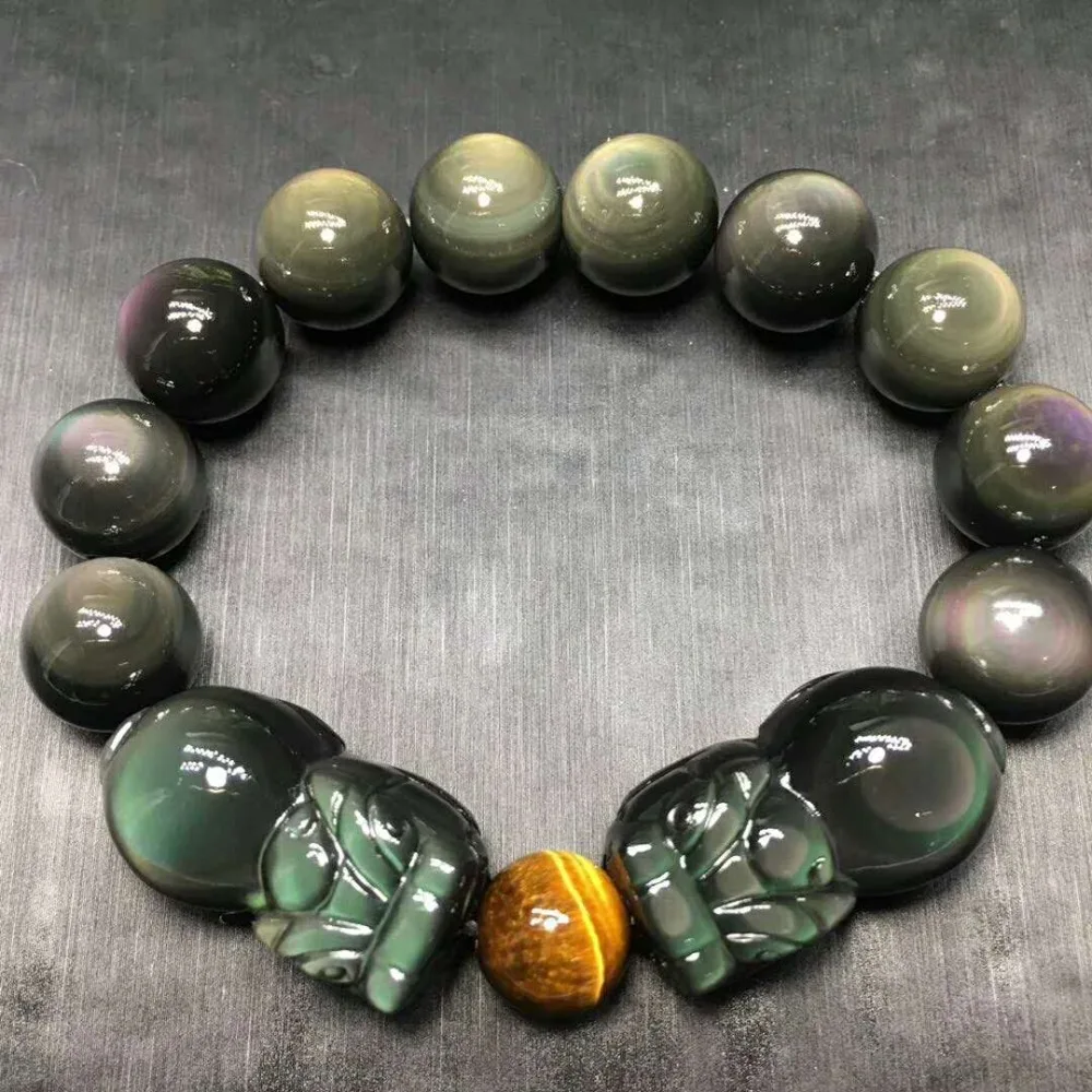 

Natural Stone Black Obsidian Rainbow Eye Buddha Bracelet Animal PIXIU Zodiac Yellow Tiger Eye Bead Lucky Energy Crystal Jewelry
