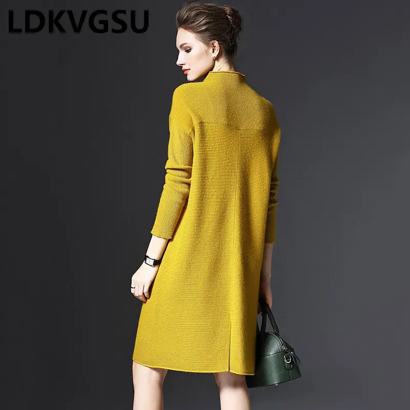 Осень-зима 2018 новинка простое женское вязаное платье с длинными рукавами и