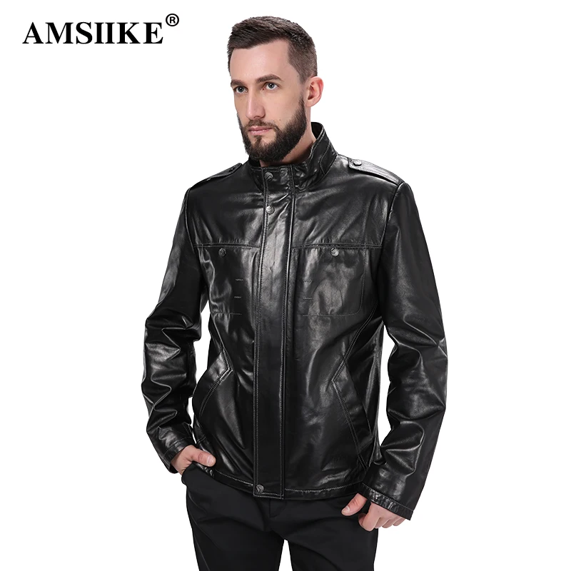 AMSIIKE 2017 Мужская Кожаная Куртка Воротник Стойка на Молнии и Клепках|chaqueta casual|chaqueta